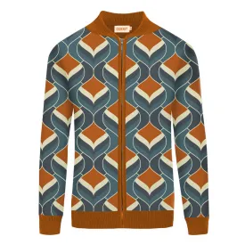 Men's coffee color jacquard zipper cardigan sweater