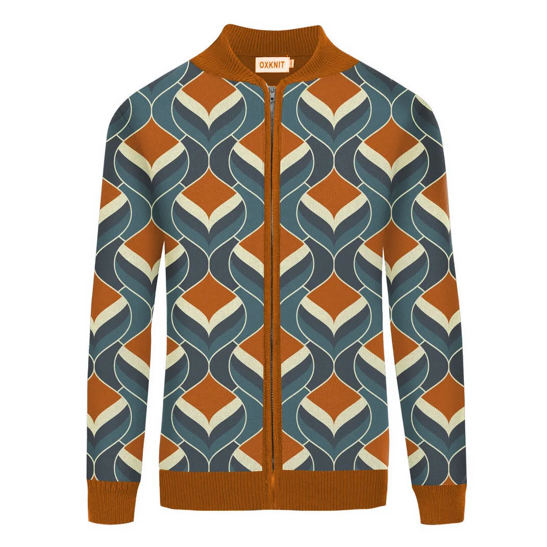 Men's coffee color jacquard zipper cardigan sweater