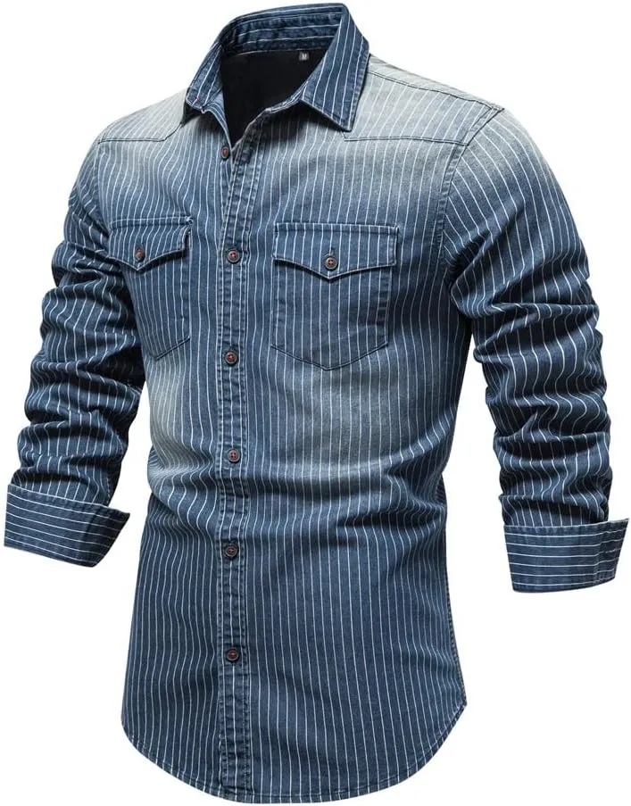 Men's Denim Shirt Casual Slim Fit Button Down Long Sleeve Washed Denim Shirt