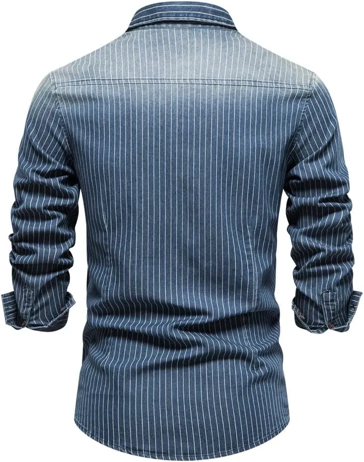 Men's Denim Shirt Casual Slim Fit Button Down Long Sleeve Washed Denim Shirt