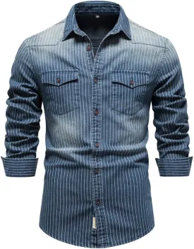 Men's Denim Shirt Casual Slim Fit Button Down Long Sleeve Washed Denim Shirt