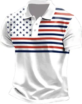 Mens Patriotic Polo Shirts Distressted USA Star Striped Golf Tshirts 4th of July Button Down Short Sleeve Clothes