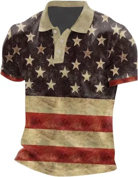 Mens Patriotic Polo Shirts Star Striped USA Flag Patchwork Golf Tshirts 4th of July Contrast Collar Button Up Tops