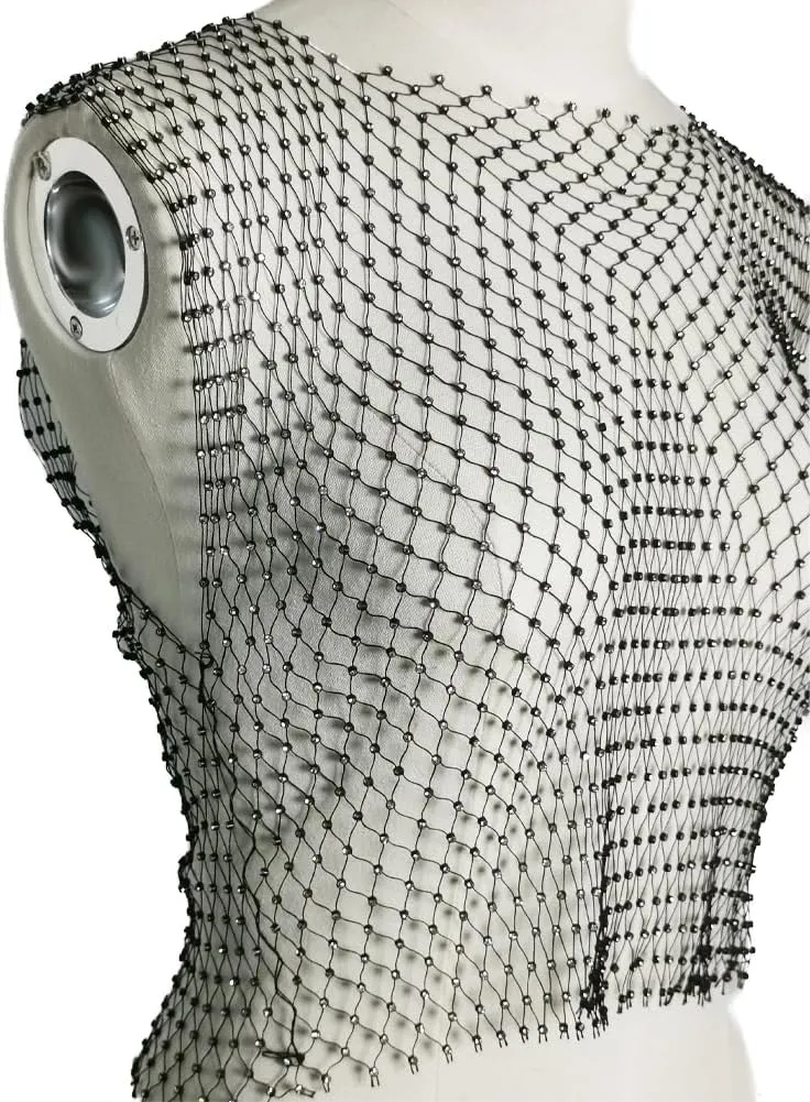 Mesh Crop Top Fishnet Sleeveless Cloth Top Rhinestone Body Chain Tank Top