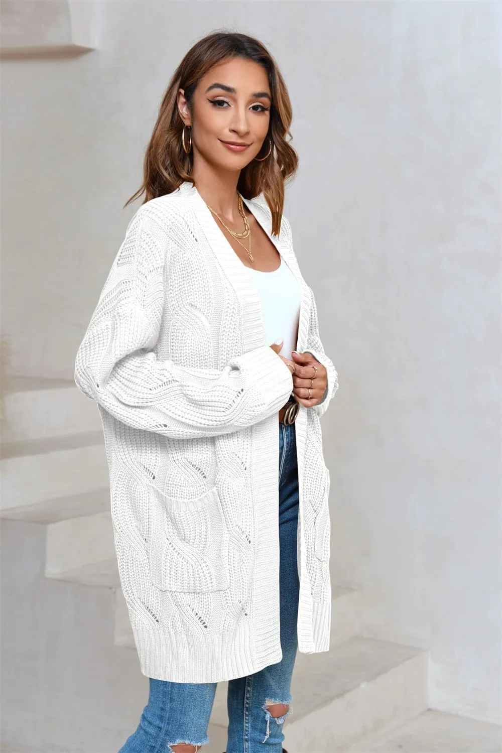 Miladusa Women's Cardigan Sweaters Long Sleeve Plus Size Solid Cable Knit Open Front Outerwear with Pockets