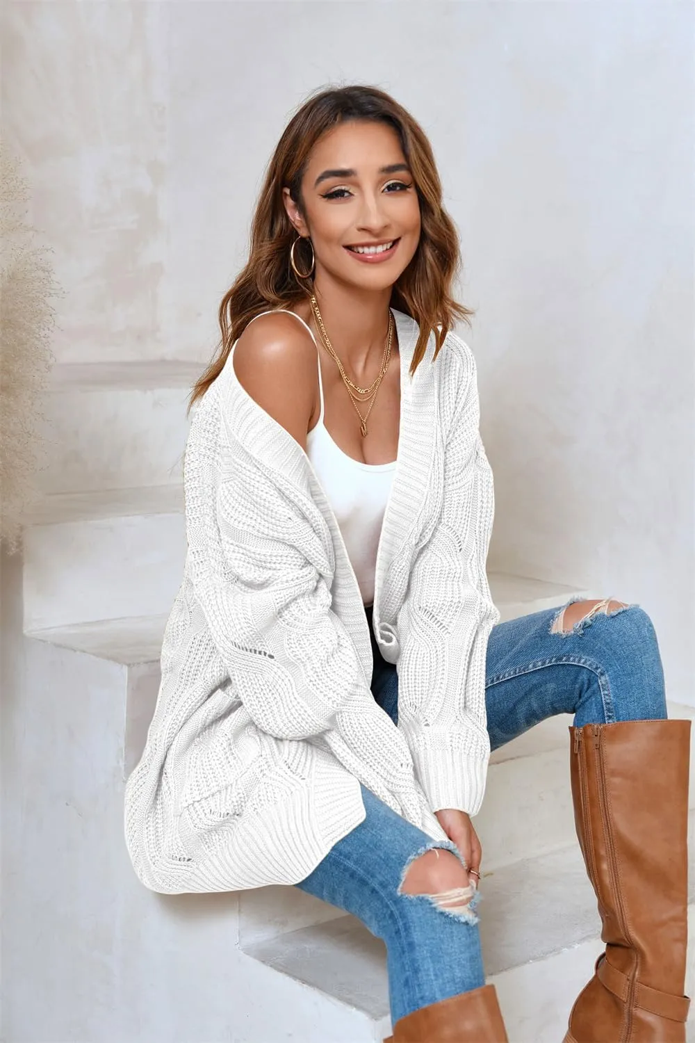 Miladusa Women's Cardigan Sweaters Long Sleeve Plus Size Solid Cable Knit Open Front Outerwear with Pockets