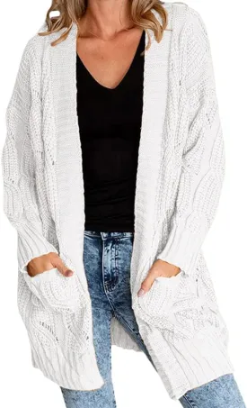 Miladusa Women's Cardigan Sweaters Long Sleeve Plus Size Solid Cable Knit Open Front Outerwear with Pockets