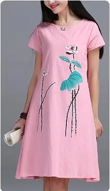 New Fashion 2016 Summer Arts style Womens Short sleeve Long Dress High Quality Ink Printing cotton linen Vintage Dress E610