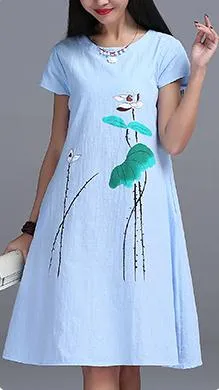 New Fashion 2016 Summer Arts style Womens Short sleeve Long Dress High Quality Ink Printing cotton linen Vintage Dress E610