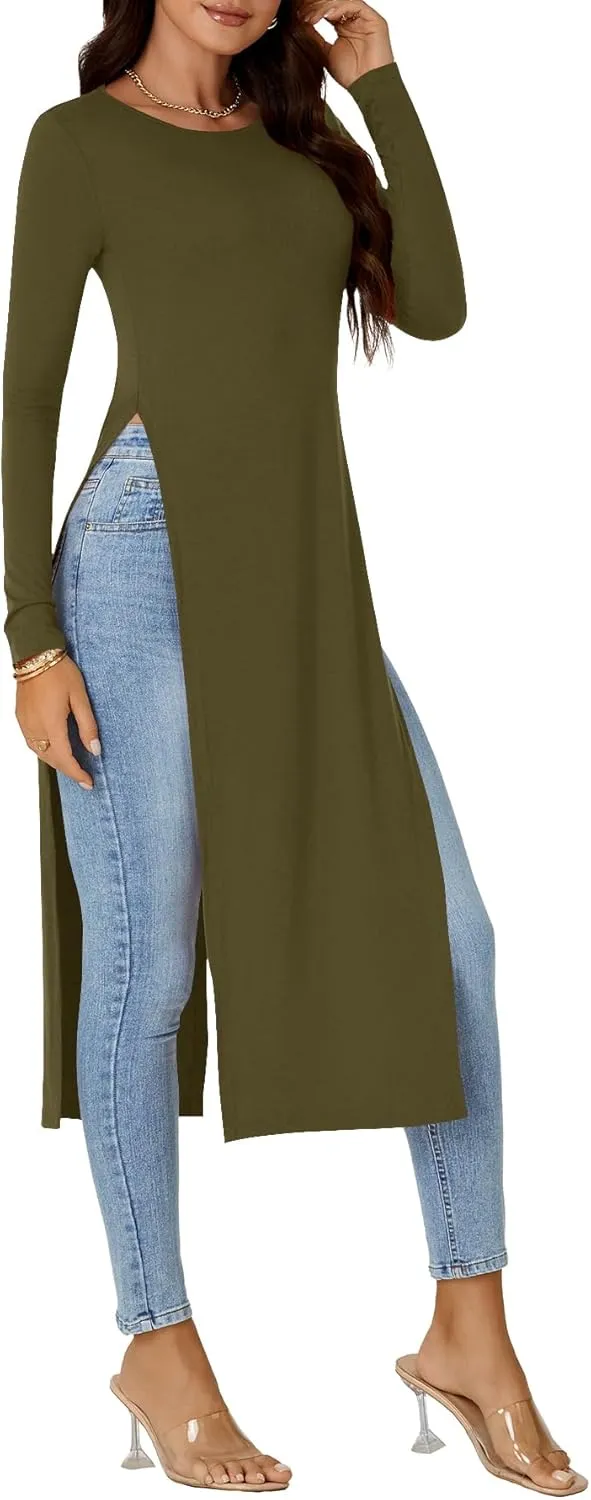 OPOIPIN Women's Crew Neck Split Slit Hem Long Sleeve Slim Fit Tee Top Long Shirt Tunic