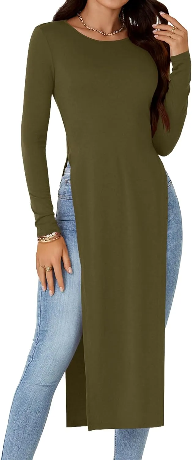 OPOIPIN Women's Crew Neck Split Slit Hem Long Sleeve Slim Fit Tee Top Long Shirt Tunic