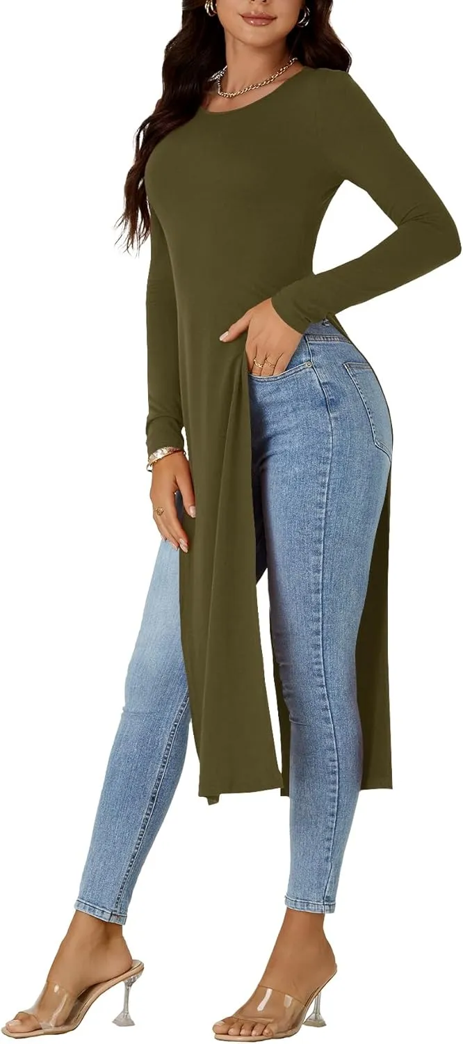 OPOIPIN Women's Crew Neck Split Slit Hem Long Sleeve Slim Fit Tee Top Long Shirt Tunic