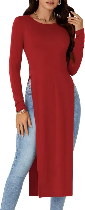 OPOIPIN Women's Crew Neck Split Slit Hem Long Sleeve Slim Fit Tee Top Long Shirt Tunic