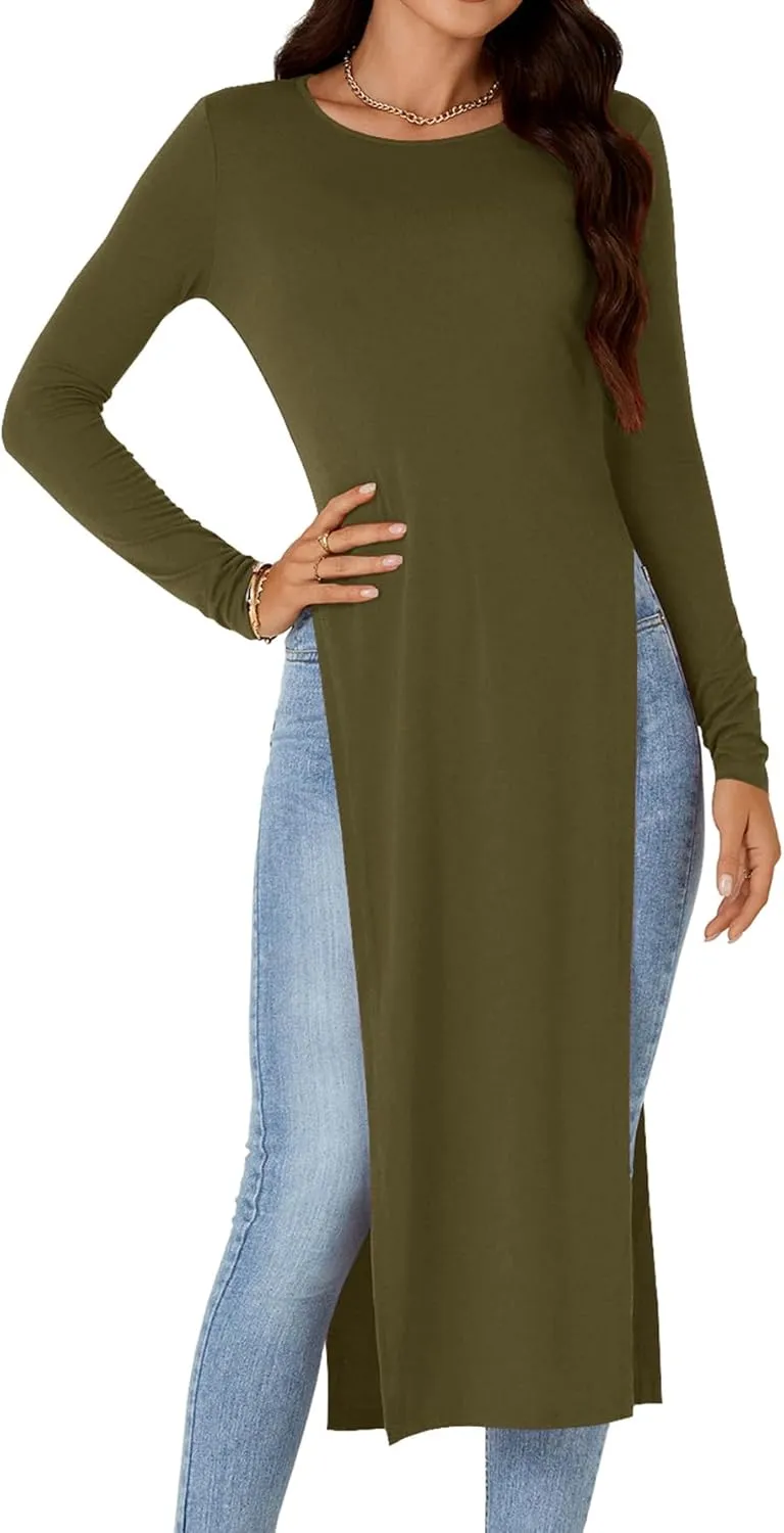OPOIPIN Women's Crew Neck Split Slit Hem Long Sleeve Slim Fit Tee Top Long Shirt Tunic