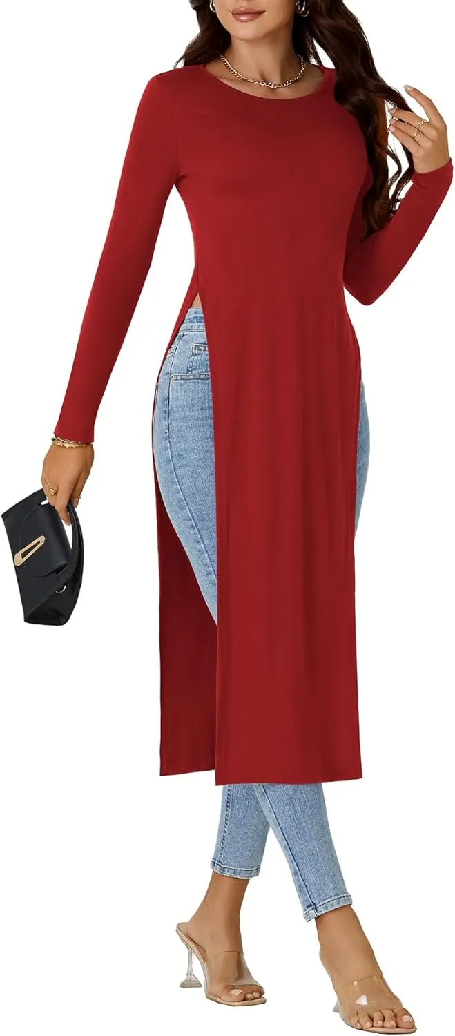 OPOIPIN Women's Crew Neck Split Slit Hem Long Sleeve Slim Fit Tee Top Long Shirt Tunic