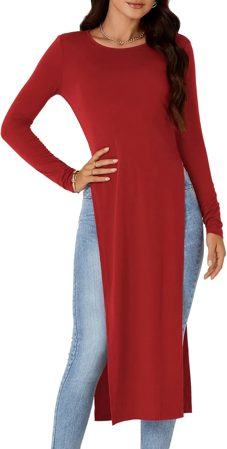OPOIPIN Women's Crew Neck Split Slit Hem Long Sleeve Slim Fit Tee Top Long Shirt Tunic