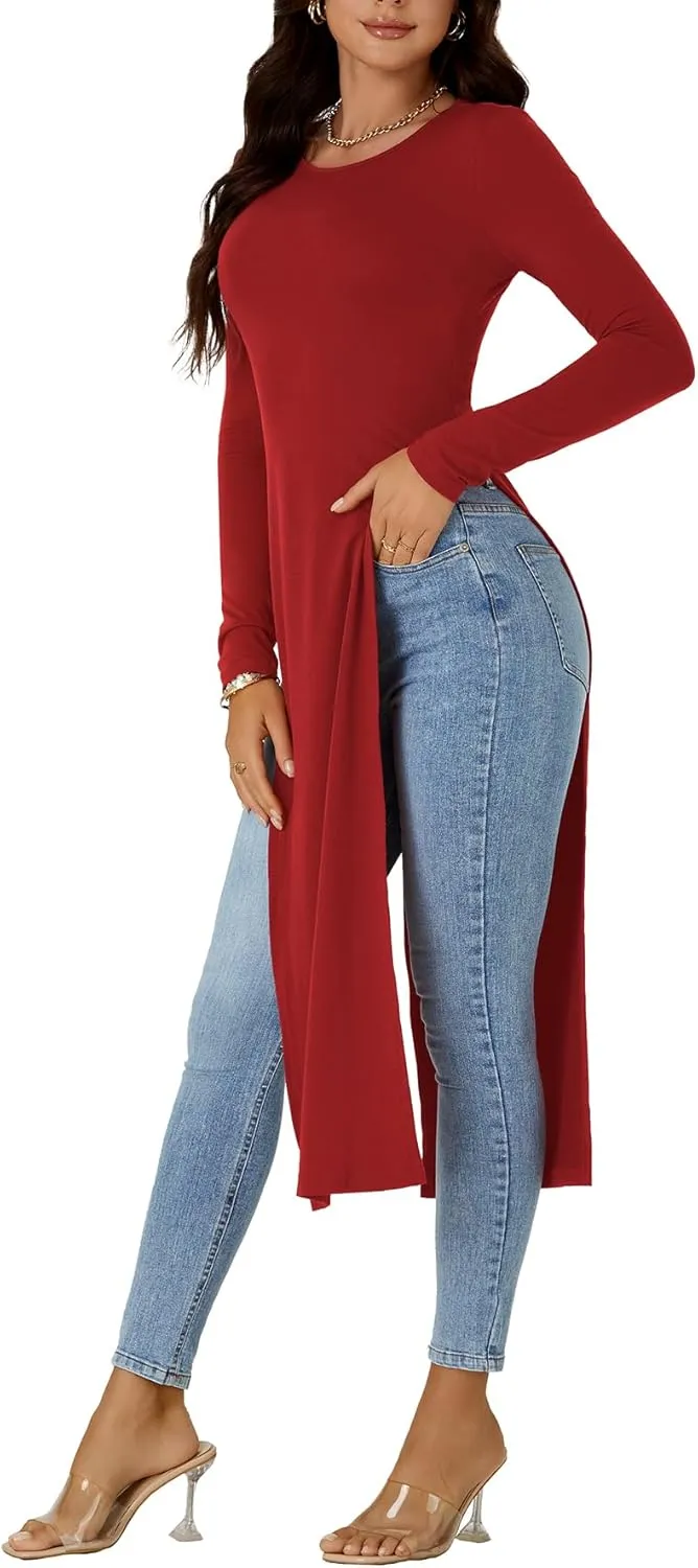 OPOIPIN Women's Crew Neck Split Slit Hem Long Sleeve Slim Fit Tee Top Long Shirt Tunic