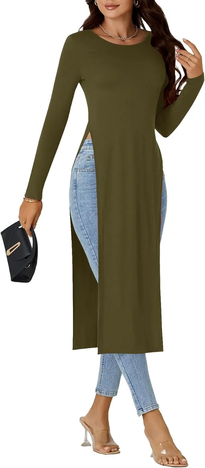 OPOIPIN Women's Crew Neck Split Slit Hem Long Sleeve Slim Fit Tee Top Long Shirt Tunic