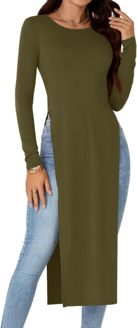 OPOIPIN Women's Crew Neck Split Slit Hem Long Sleeve Slim Fit Tee Top Long Shirt Tunic