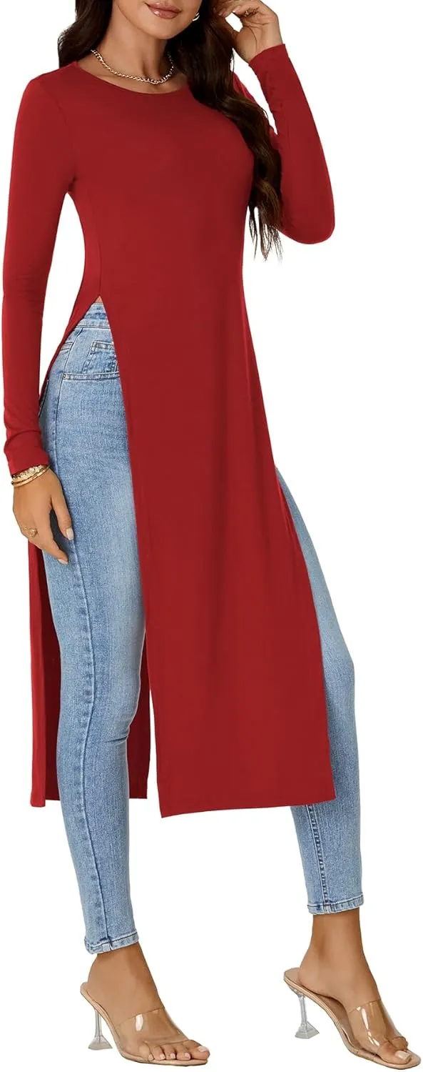 OPOIPIN Women's Crew Neck Split Slit Hem Long Sleeve Slim Fit Tee Top Long Shirt Tunic