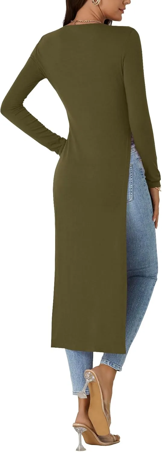 OPOIPIN Women's Crew Neck Split Slit Hem Long Sleeve Slim Fit Tee Top Long Shirt Tunic