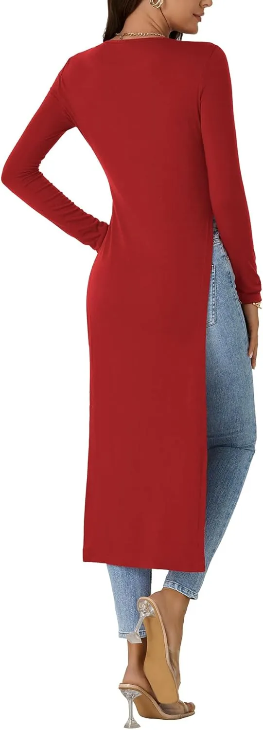 OPOIPIN Women's Crew Neck Split Slit Hem Long Sleeve Slim Fit Tee Top Long Shirt Tunic