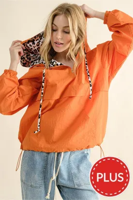 Orange Leopard Print Hoodie Zipper Up Pocket Windbreaker