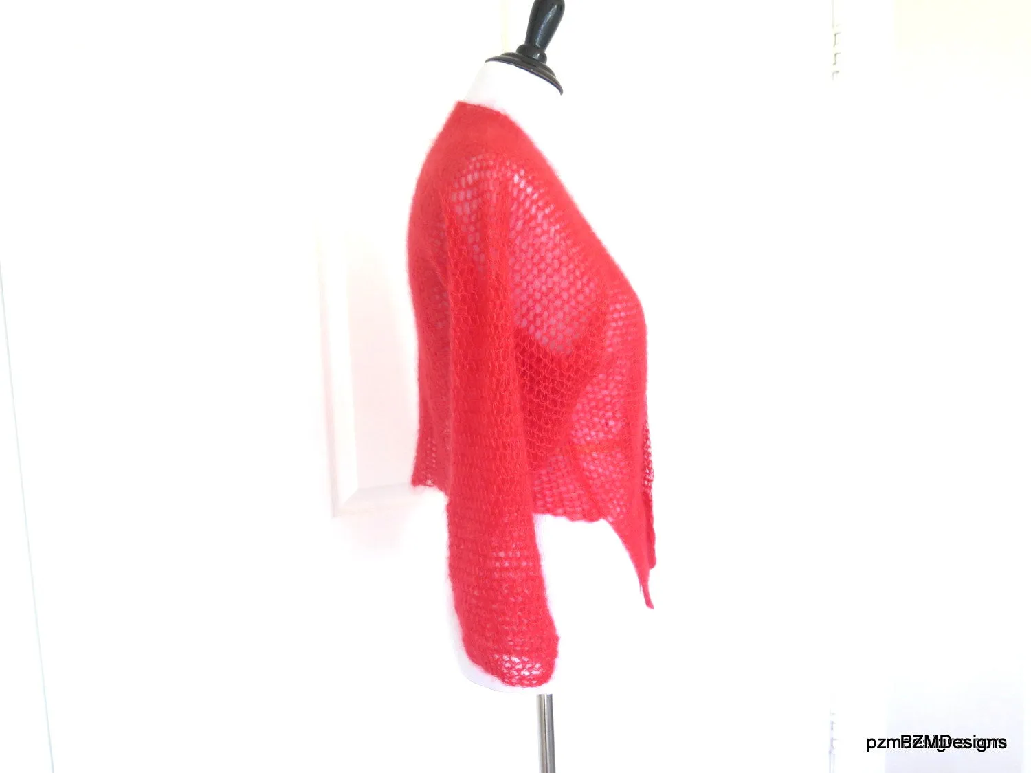 Orange Silk Mohair Tie Front Cardigan, Hand Crochet Hot Coral Shrug