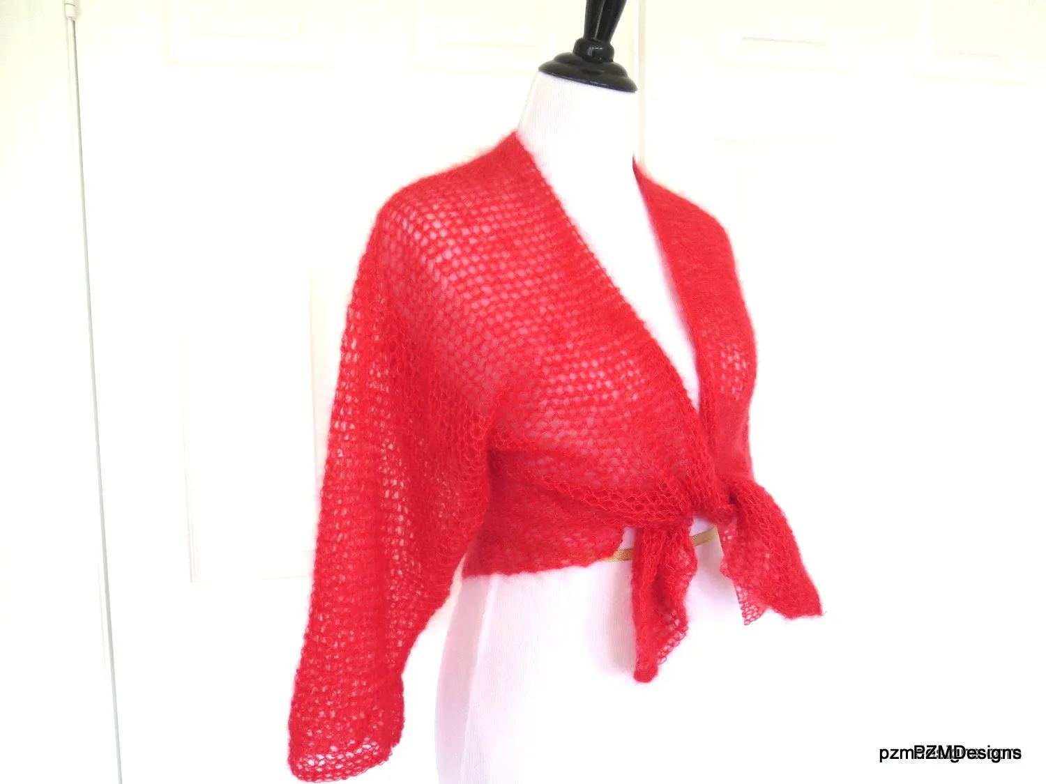 Orange Silk Mohair Tie Front Cardigan, Hand Crochet Hot Coral Shrug