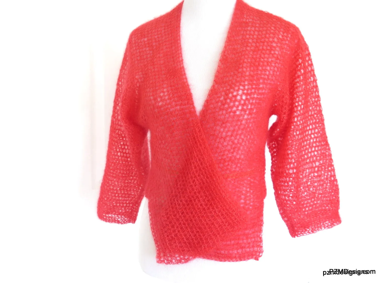 Orange Silk Mohair Tie Front Cardigan, Hand Crochet Hot Coral Shrug