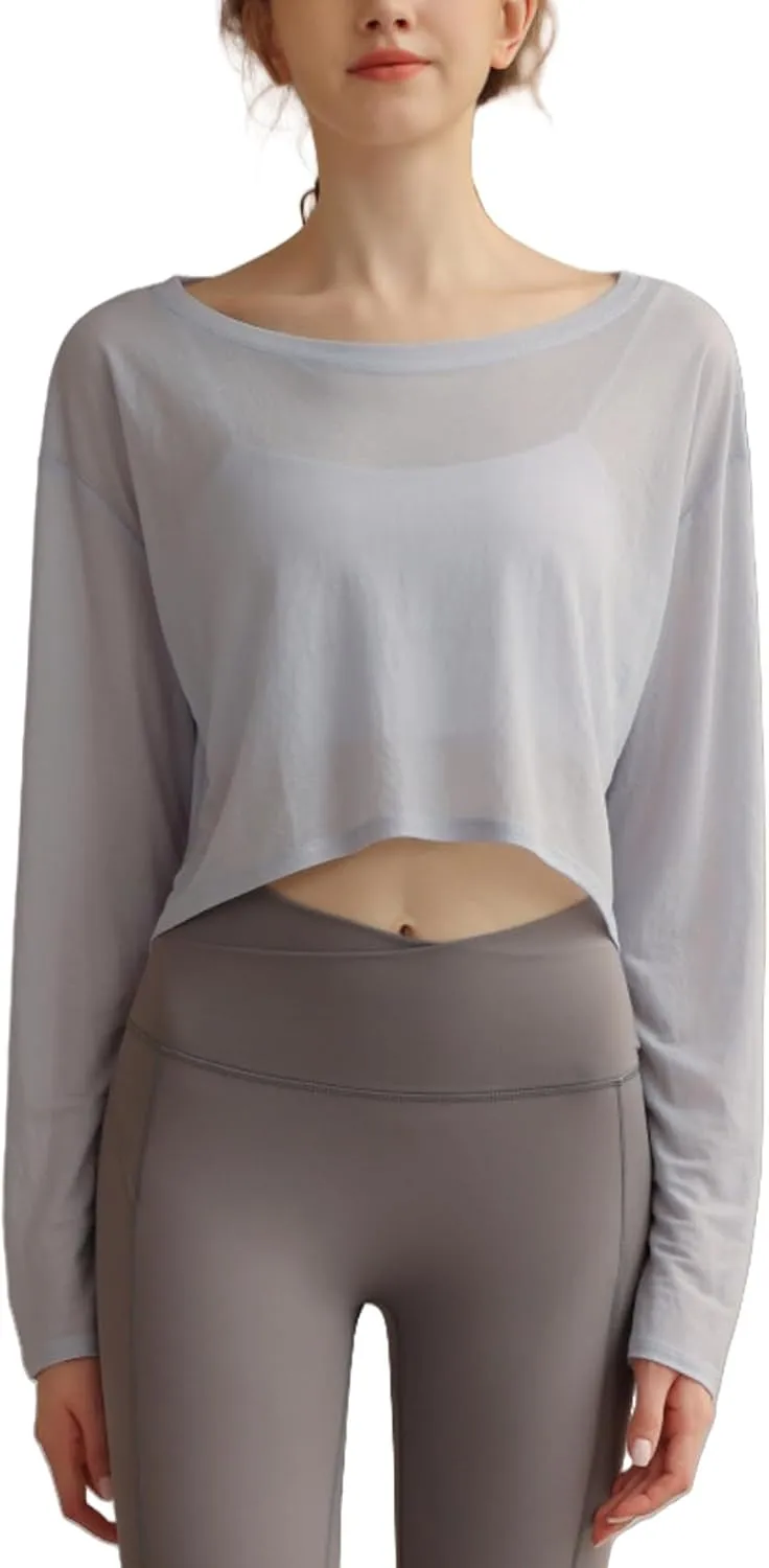 Perbai Womens UPF 50  Sun Shirts Mesh Crop Top Lightweight Long Sleeve Workout Yoga Top