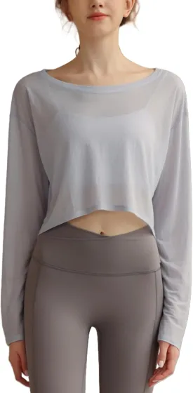 Perbai Womens UPF 50  Sun Shirts Mesh Crop Top Lightweight Long Sleeve Workout Yoga Top