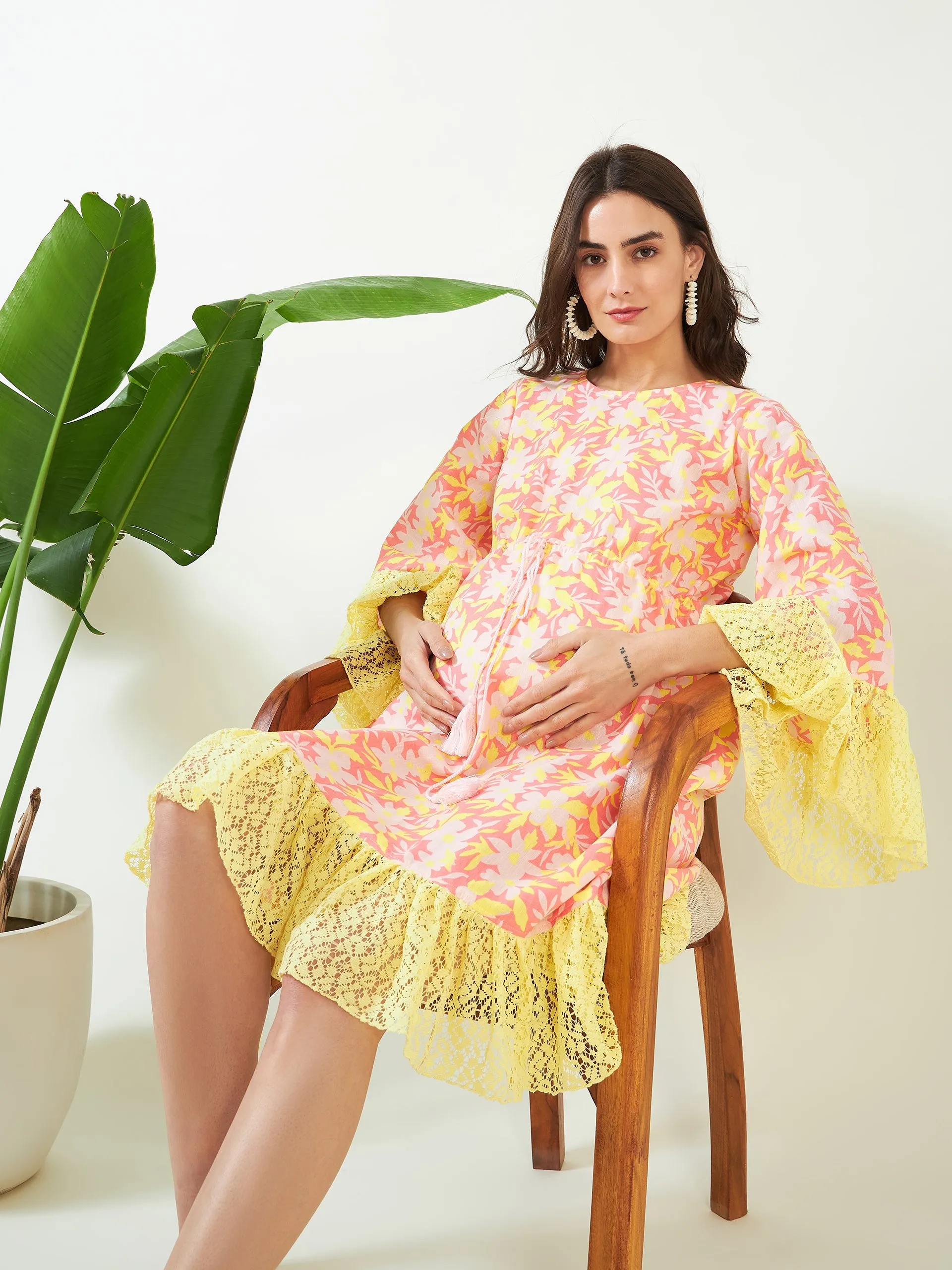 Pink Blossom and Lace Maternity Dress