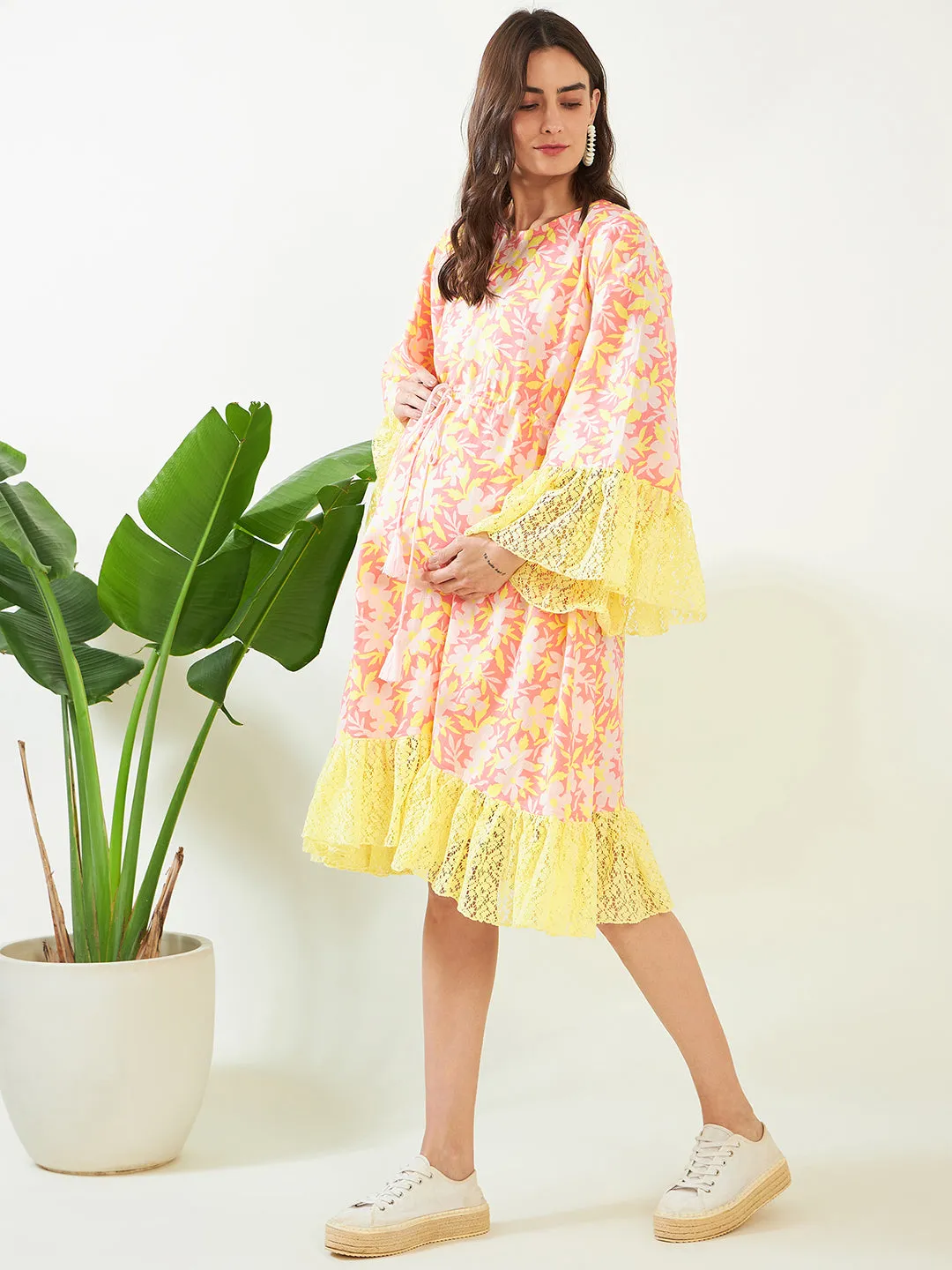 Pink Blossom and Lace Maternity Dress