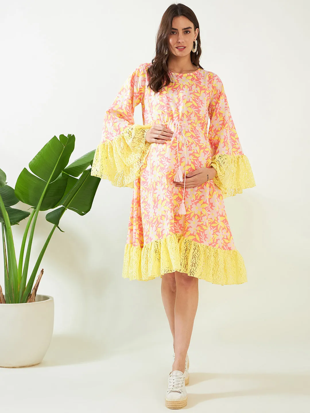 Pink Blossom and Lace Maternity Dress