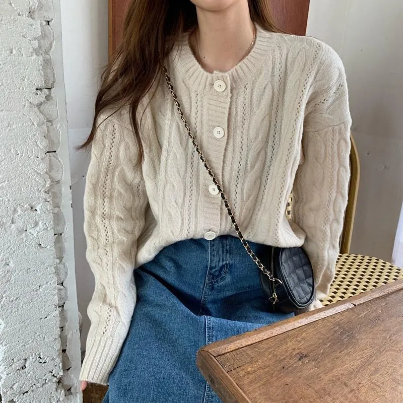 Pink Creamy White Vintage Knit Braids Thin Cardigan