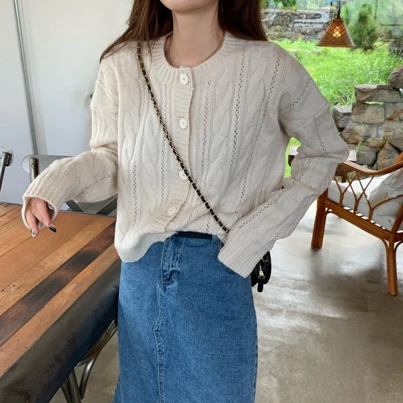 Pink Creamy White Vintage Knit Braids Thin Cardigan