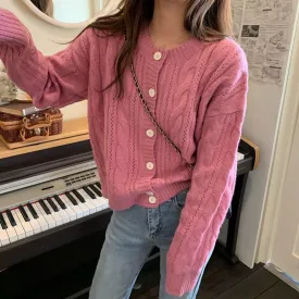 Pink Creamy White Vintage Knit Braids Thin Cardigan