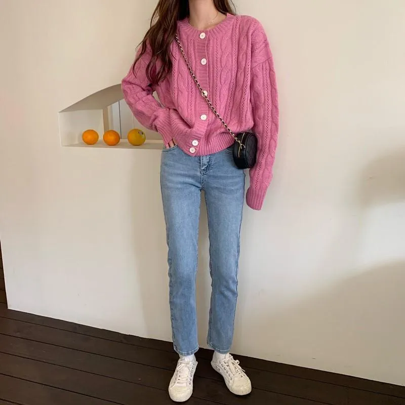 Pink Creamy White Vintage Knit Braids Thin Cardigan