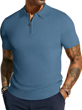 PJ PAUL JONES Men's Zipper Polo Shirt Textured Casual Knit Short Sleeve Polo T Shirt