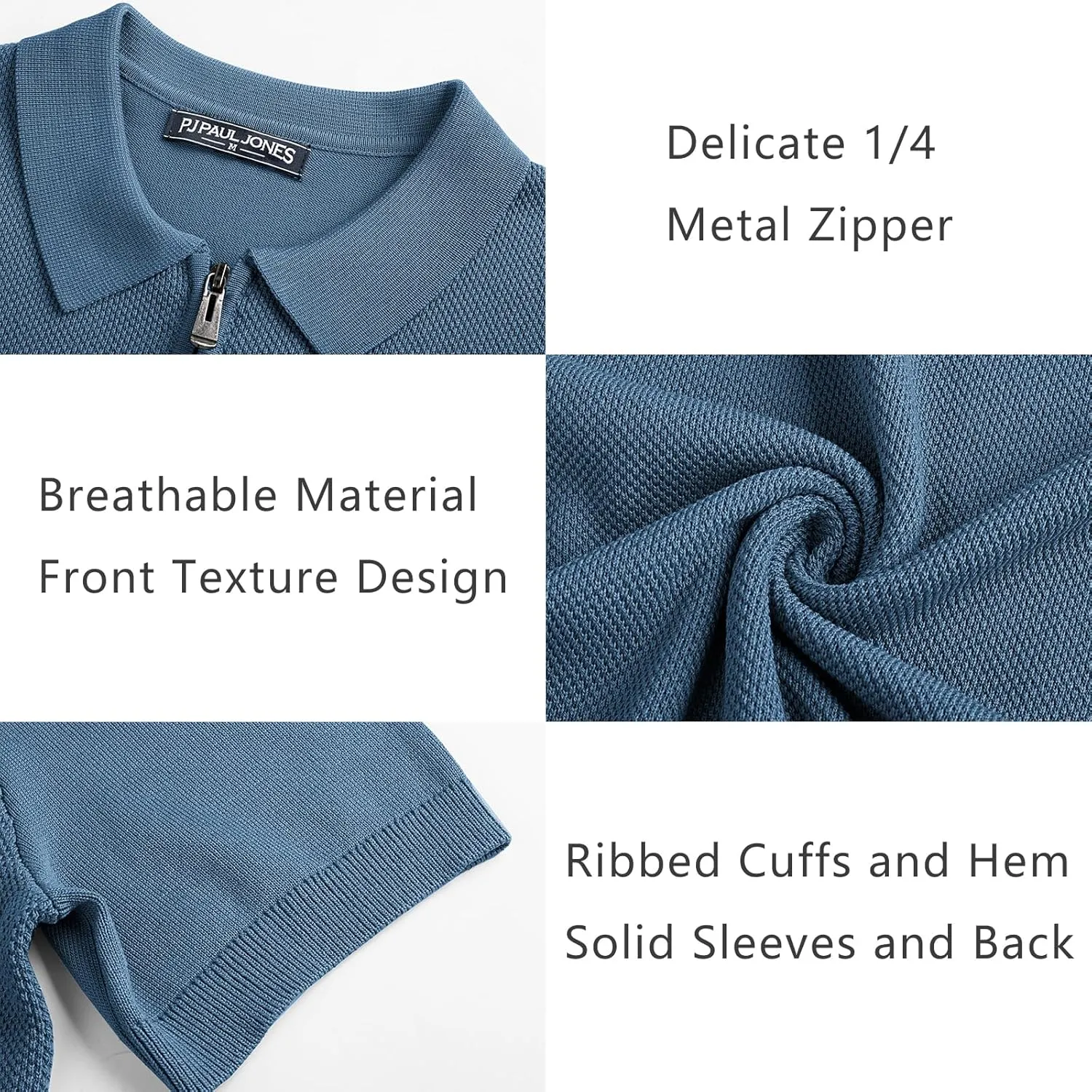 PJ PAUL JONES Men's Zipper Polo Shirt Textured Casual Knit Short Sleeve Polo T Shirt