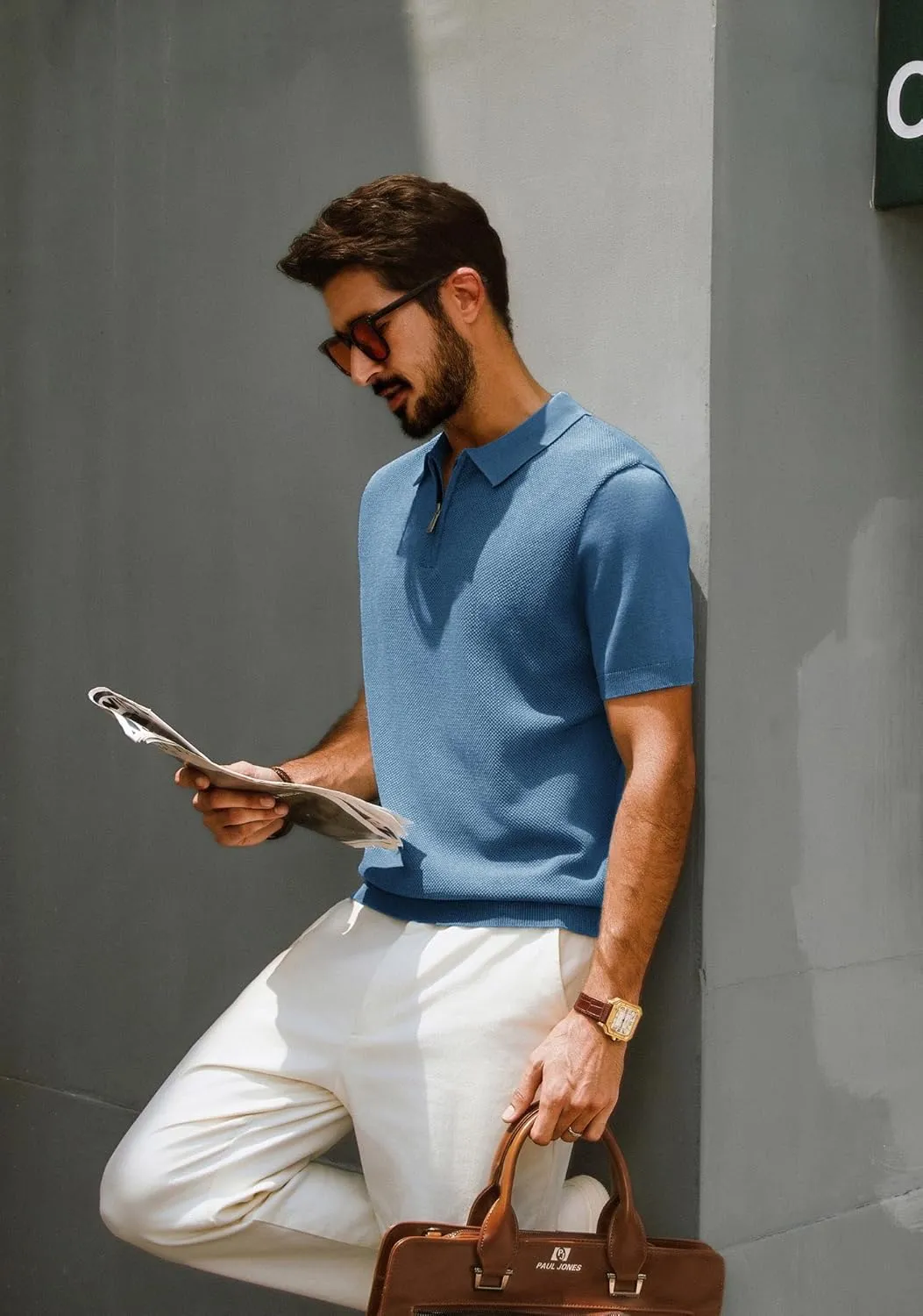 PJ PAUL JONES Men's Zipper Polo Shirt Textured Casual Knit Short Sleeve Polo T Shirt