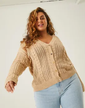 Plus Size Open Knit Button Cardigan