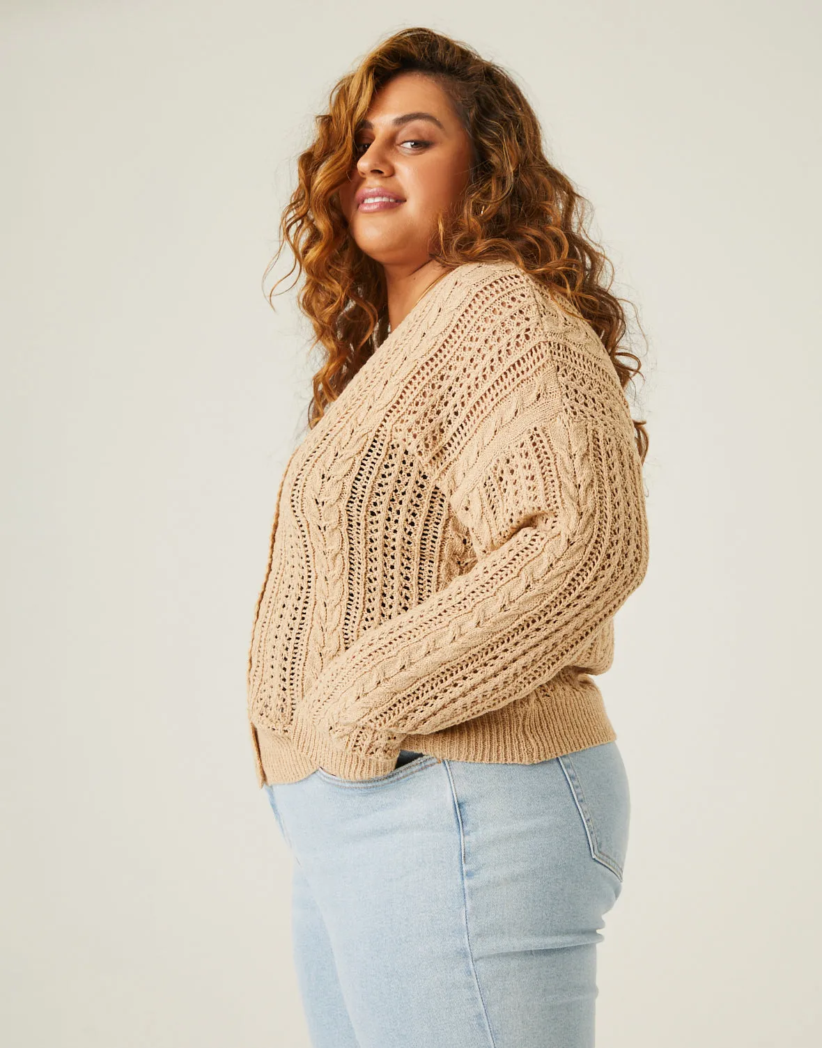 Plus Size Open Knit Button Cardigan