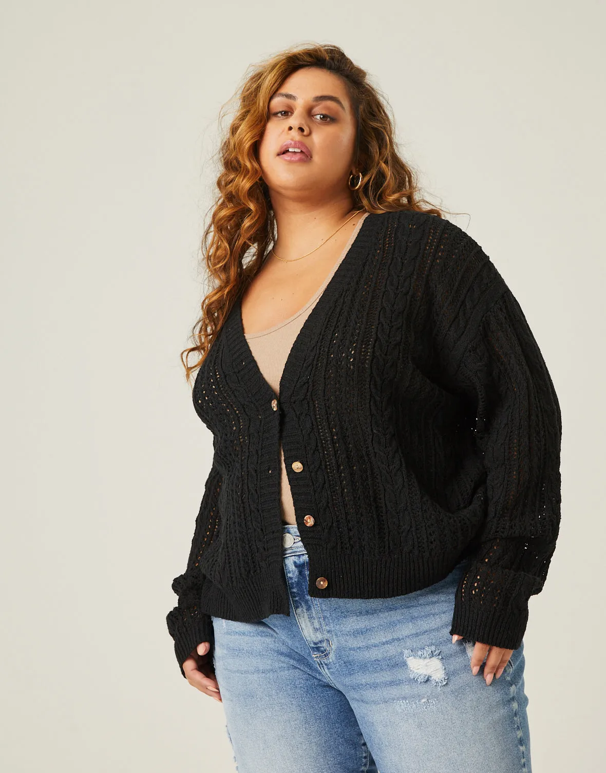 Plus Size Open Knit Button Cardigan