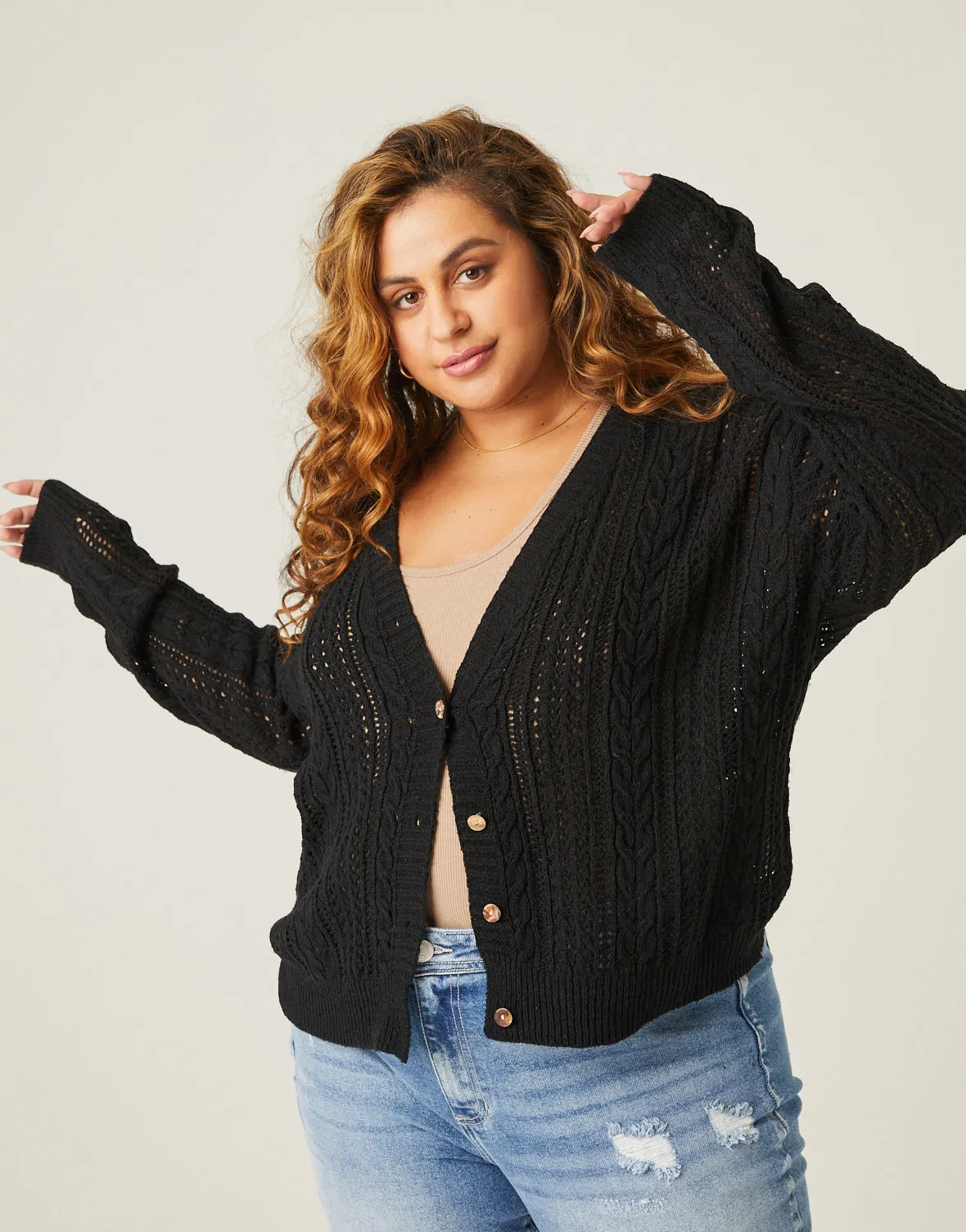 Plus Size Open Knit Button Cardigan