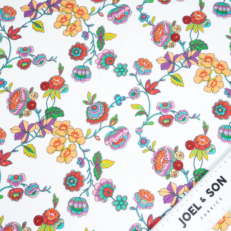 Pretty Multi-Coloured Floral Printed White Medium Weight Linen