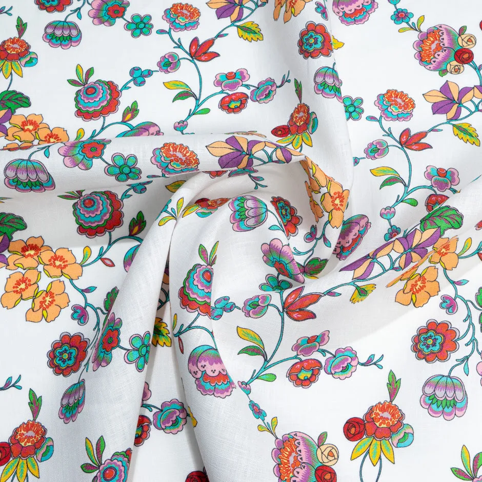 Pretty Multi-Coloured Floral Printed White Medium Weight Linen