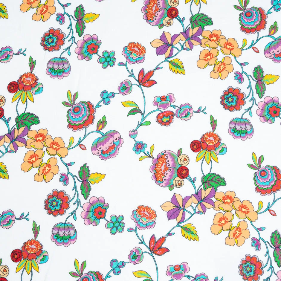 Pretty Multi-Coloured Floral Printed White Medium Weight Linen