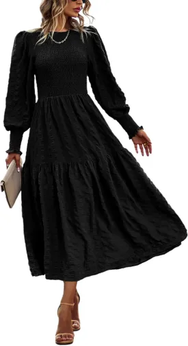 PRETTYGARDEN Women 2025 Spring Puff Long Sleeve Crewneck Smocked Maxi Dress Empire Waist Tiered A-line Swing Flowy Long Dress